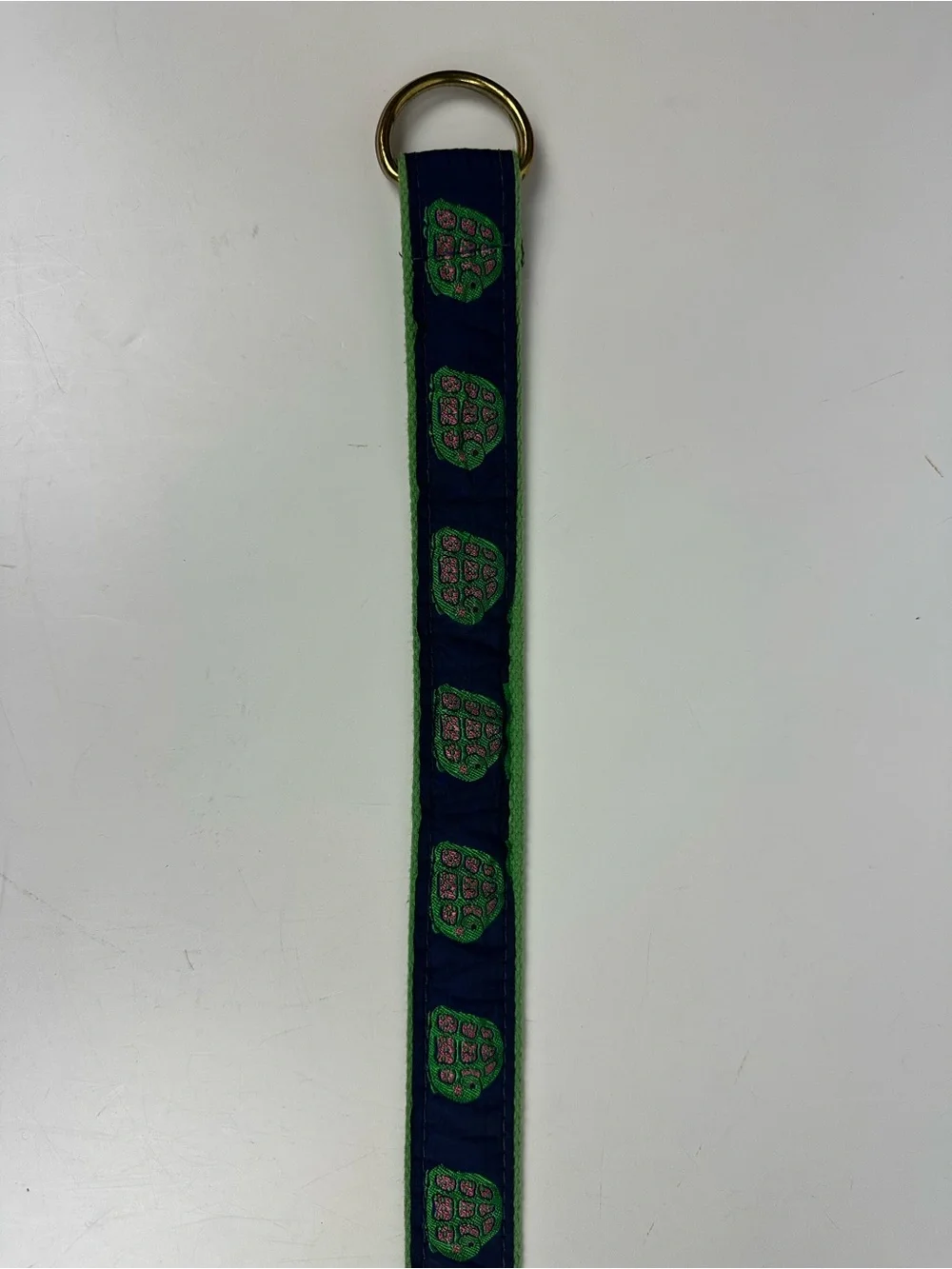 Turtle Pattern Ribbon Belt Brass D-Ring Navy Blue Green